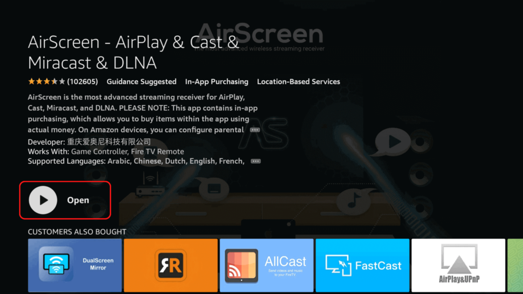 The open screen for Airscreen on Firestick