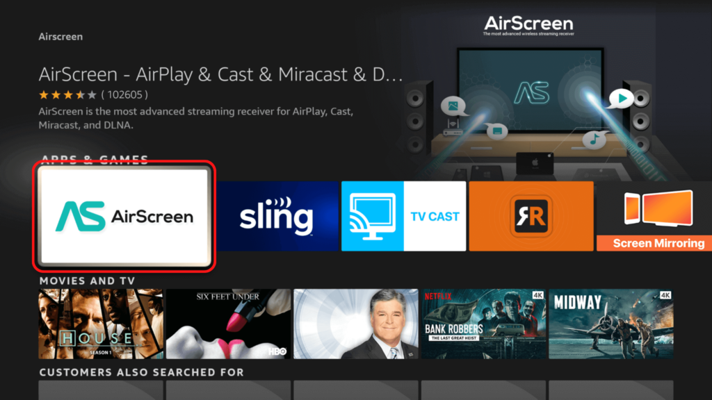 The Fire TV search results screen, showing Airscreen