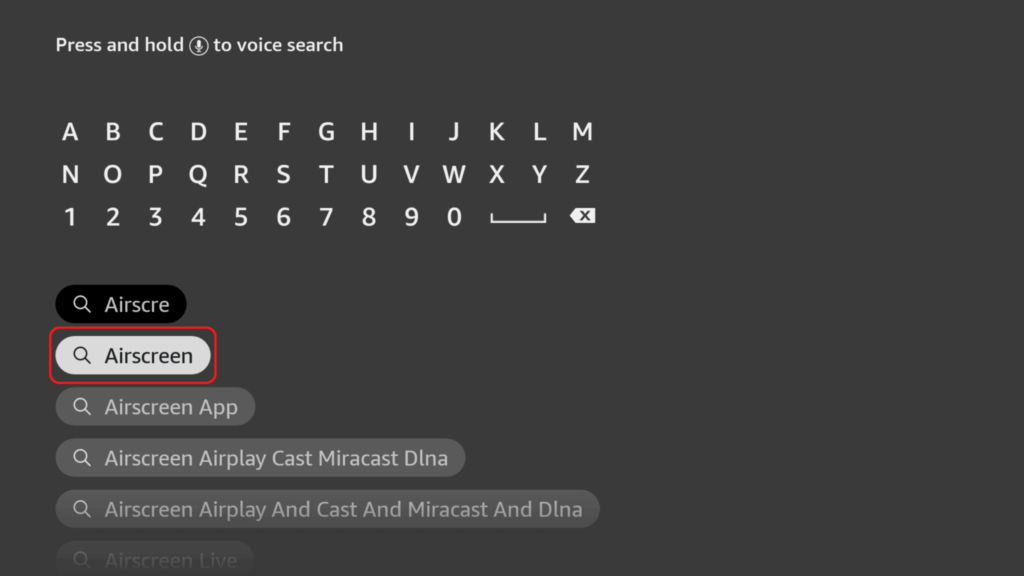 The Fire TV search screen, showing how to find Airscreen