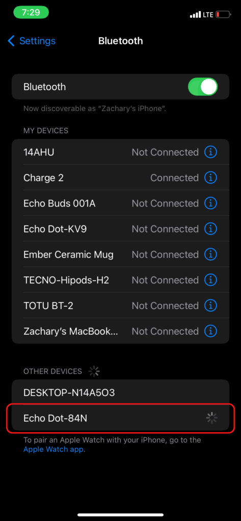 The iPhone Bluetooth menu, showing an Echo device ready to pair