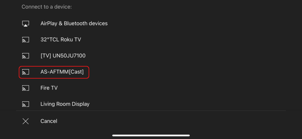 The iPhone cast list, showing the Firestick airplay option