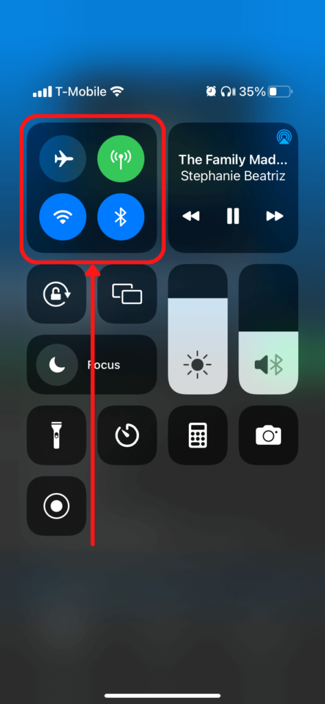 The iPhone control center, showing the connectivity panel