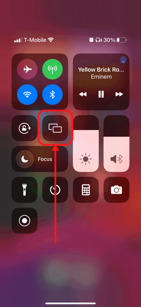 The iPhone control center, showing the screen mirror button