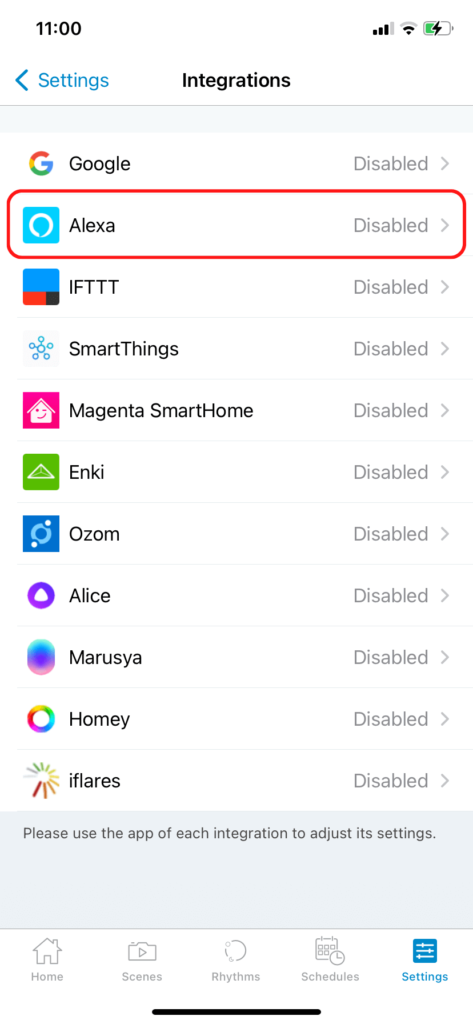 The WiZ app integrations menu, showing the Alexa option