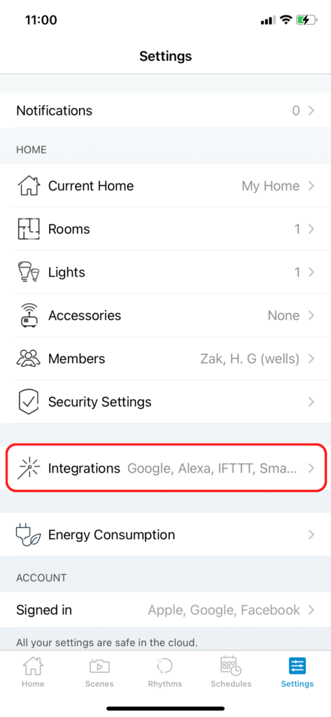 The WiZ app settings menu, showing the integrations option