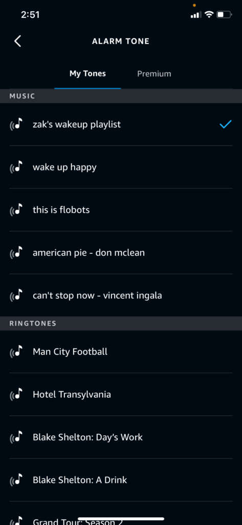 The alarm tones in the Amazon Alexa app, showing both standard tones and music 