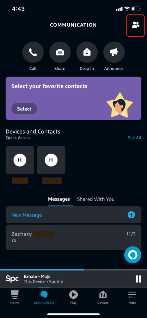 The Communications screen in the Alexa app, showing the Contacts icon.