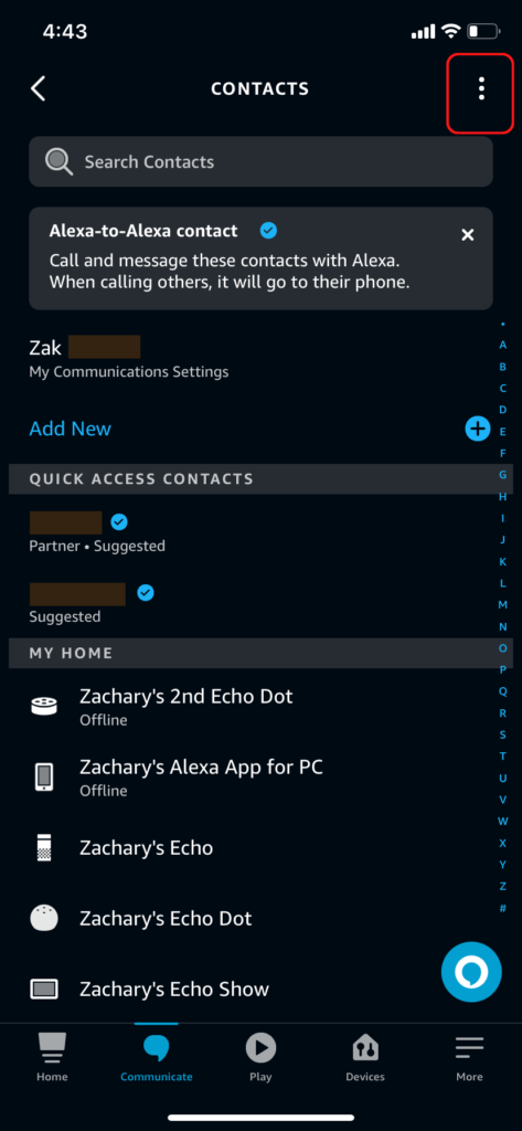 The Contacts screen in the Alexa app, showing the Menu icon.