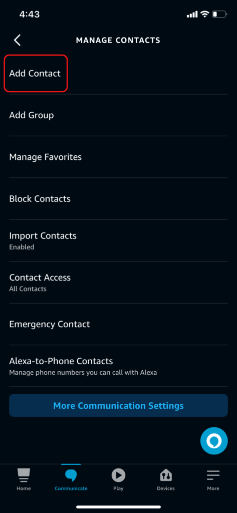 The Manage Contacts screen in the Alexa app, showing the Add Contact button.
