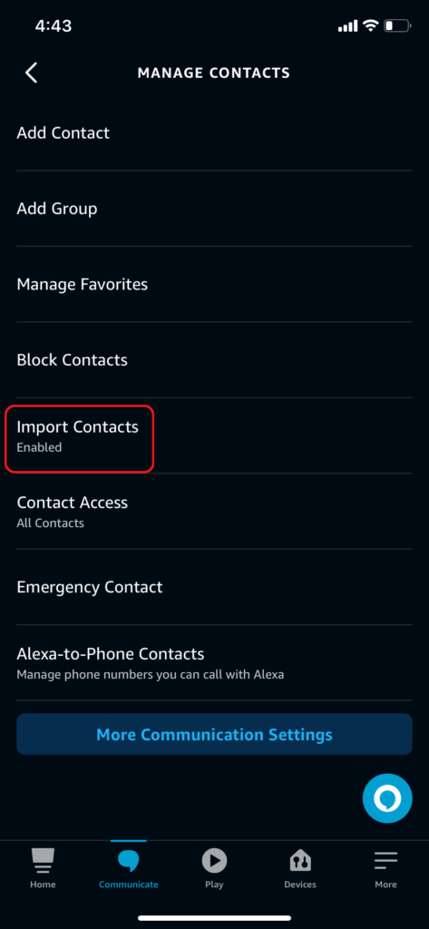 The Manage Contacts screen in the Alexa app, showing the Import Contacts button.
