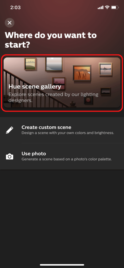 The add scene screen in the Hue app, showing how to open the scene gallery
