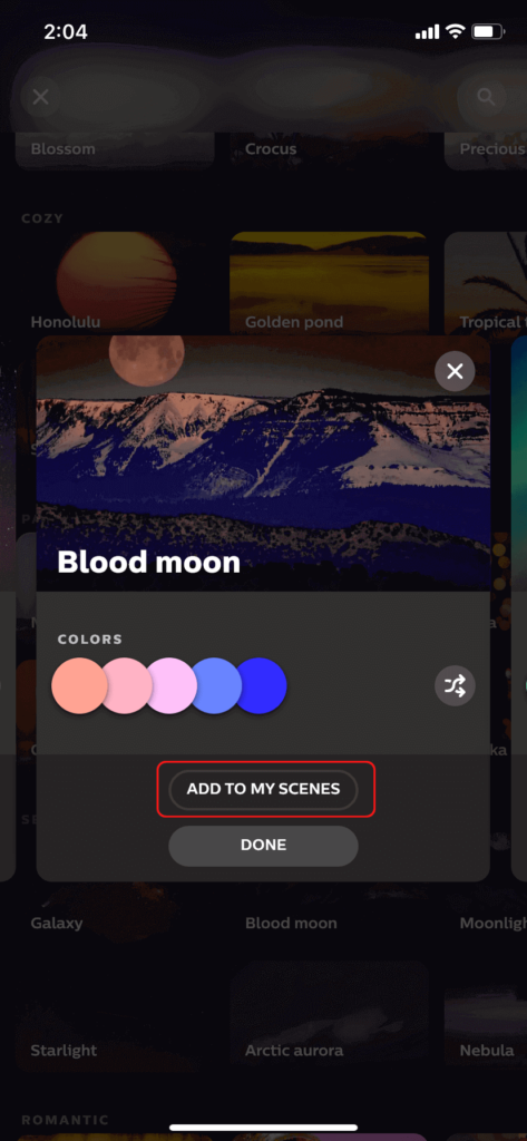 The blood moon scene in the Philips Hue app