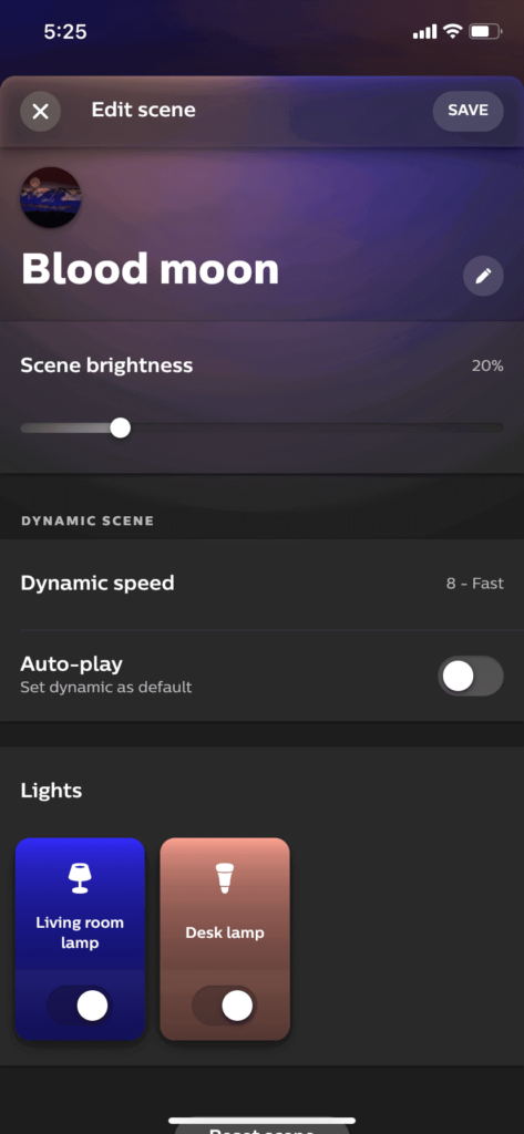 The edit scene screen in the Philips Hue app