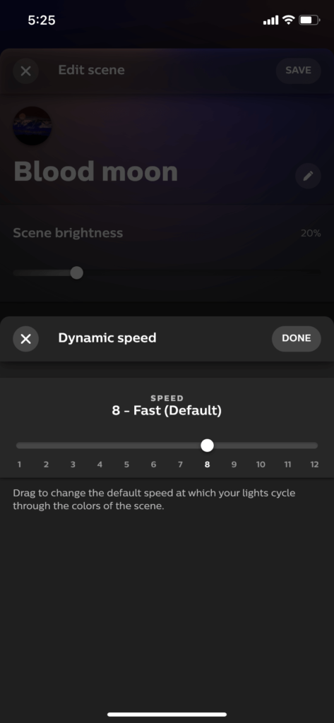 The edit scene screen in the Hue app, showing how to change the dynamic speed