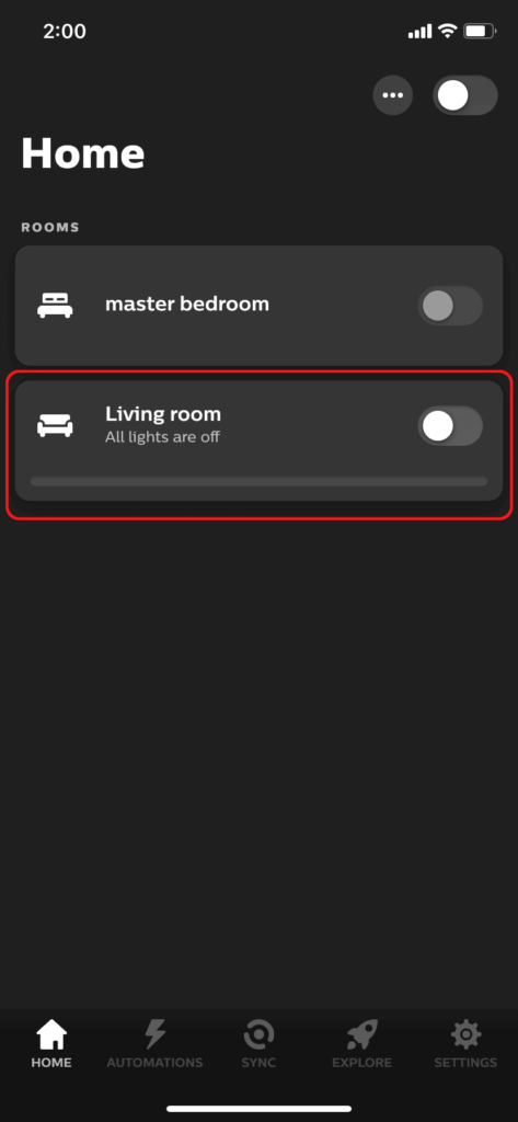 The home screen in the Hue app, showing how to select a single room