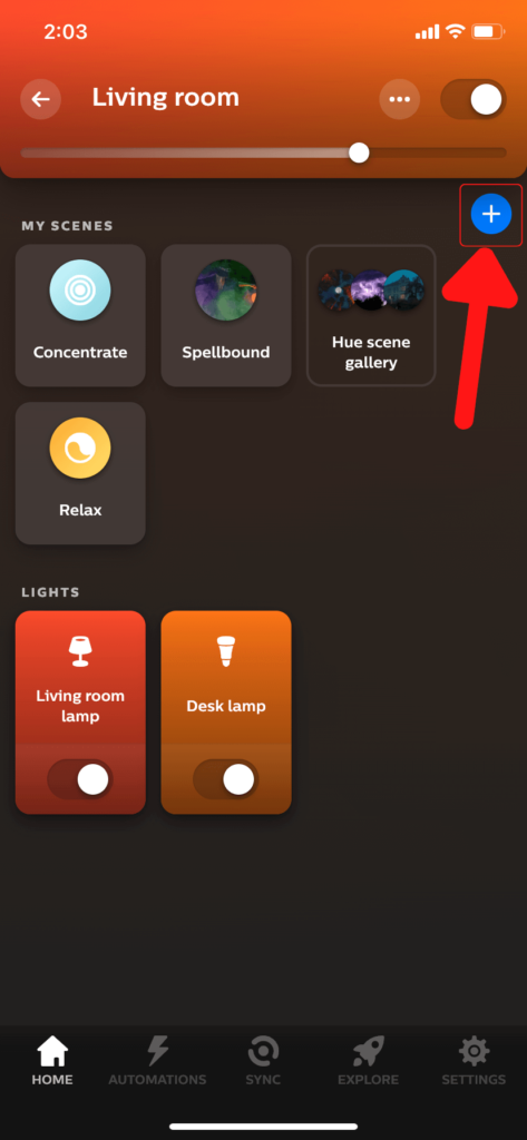 The room view in the Hue app, showing how to add a new scene