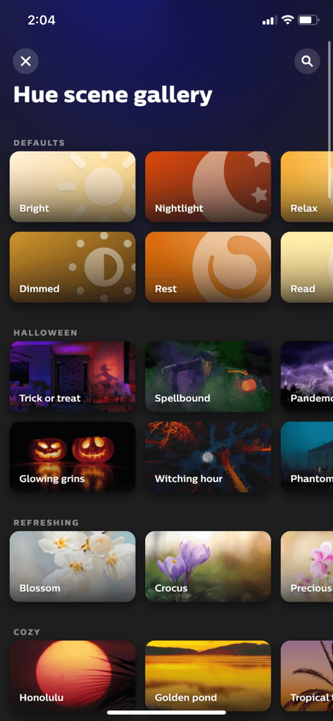 The scene gallary in the Philips Hue app
