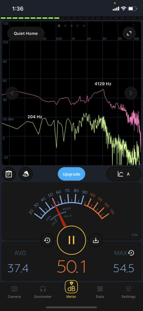 Screenshot of decibel meter measuring how loud Roomba is on a hardwood floor