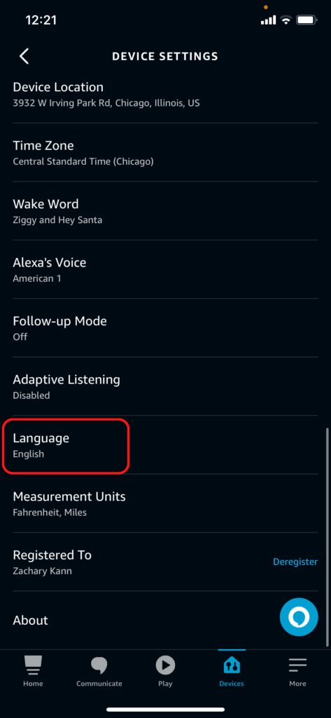 The device Settings menu in the Alexa app, showing the languages option
