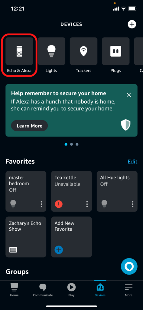 The device tab in the Alexa app, showing the Echo category