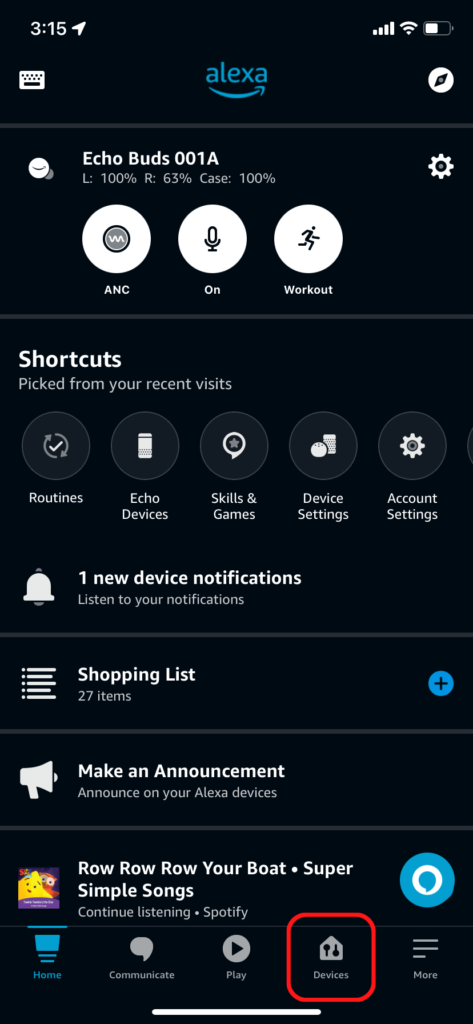 The Alexa app homepage, showing the Devices tab