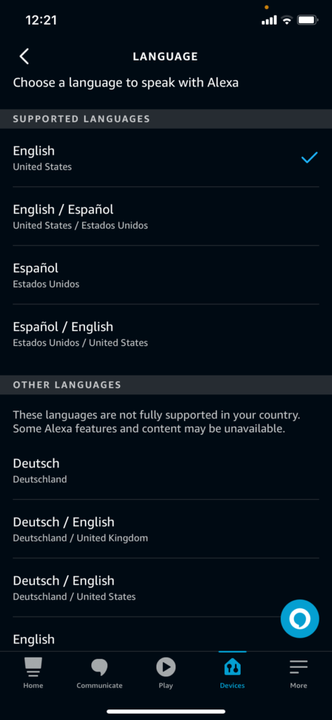 The Alexa app languages page, showing the languages for the United States