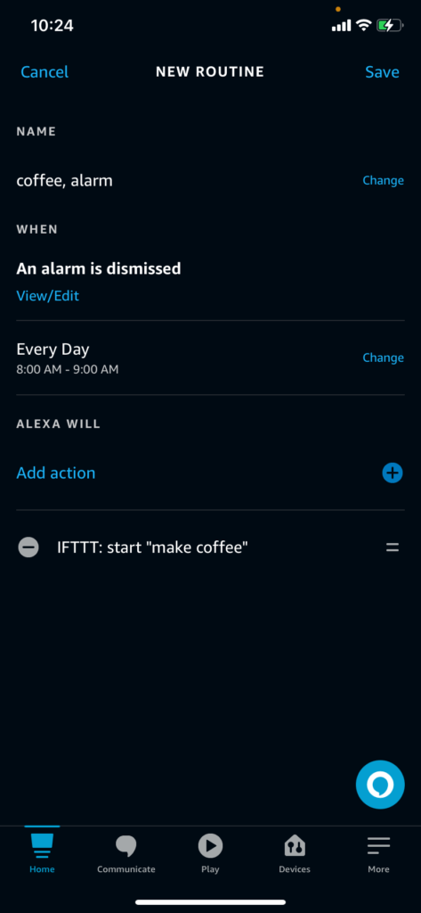 An example Alexa routine with an IFTTT action