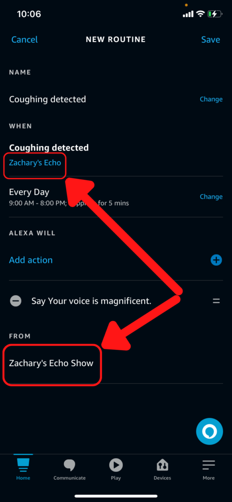 The Alexa app, showing the two types of device choices for routines