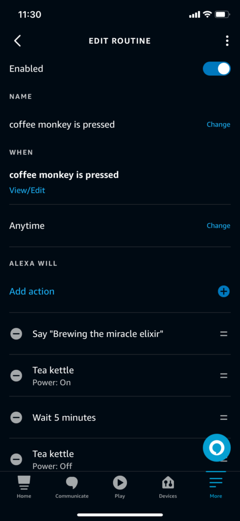 An example Alexa routine triggered by a Voice Monkey