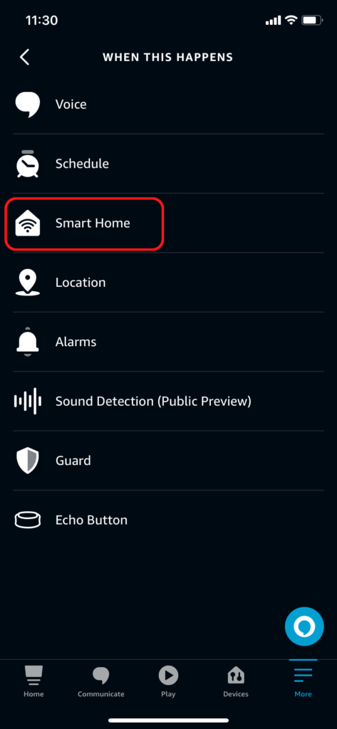 The smart home category in the Alexa routine triggers list