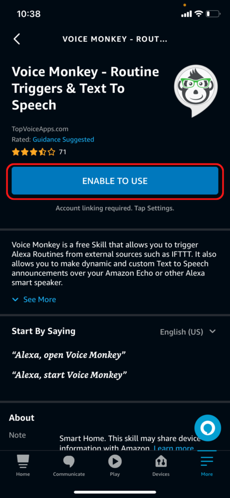 The Voice Monkey skill in the Alexa app, showing the enable button