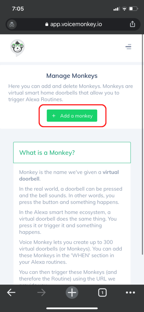The Voice Monkey website, showing how to add a monkey