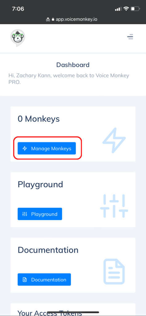 The Voice Monkey website, showing how to manage monkeys