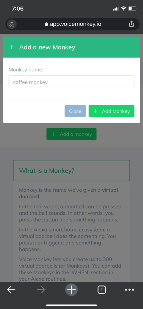 The Voice Monkey website, showing how to name a monkey