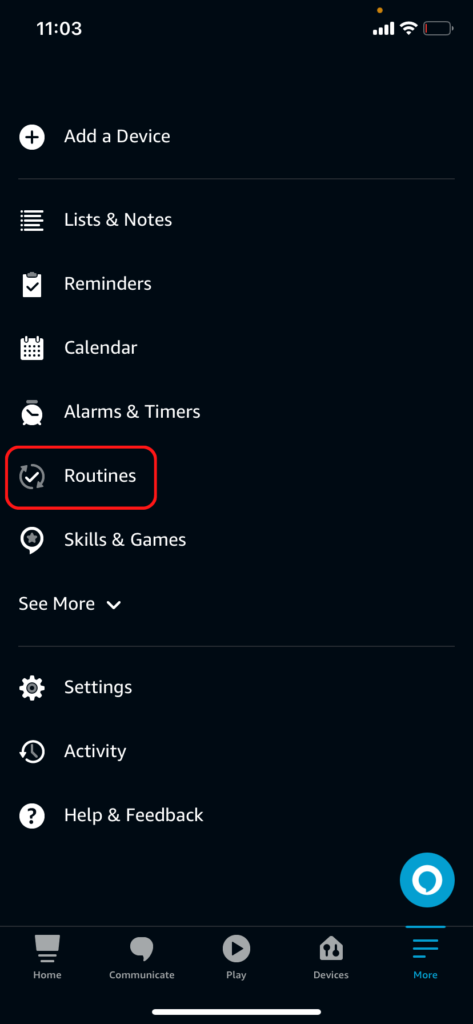 The Alexa app More tab, showing the Routines options