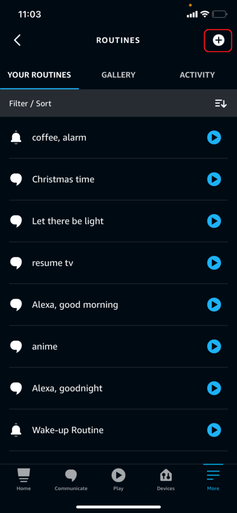 The Alexa Routines page, showing how to add a anew routine