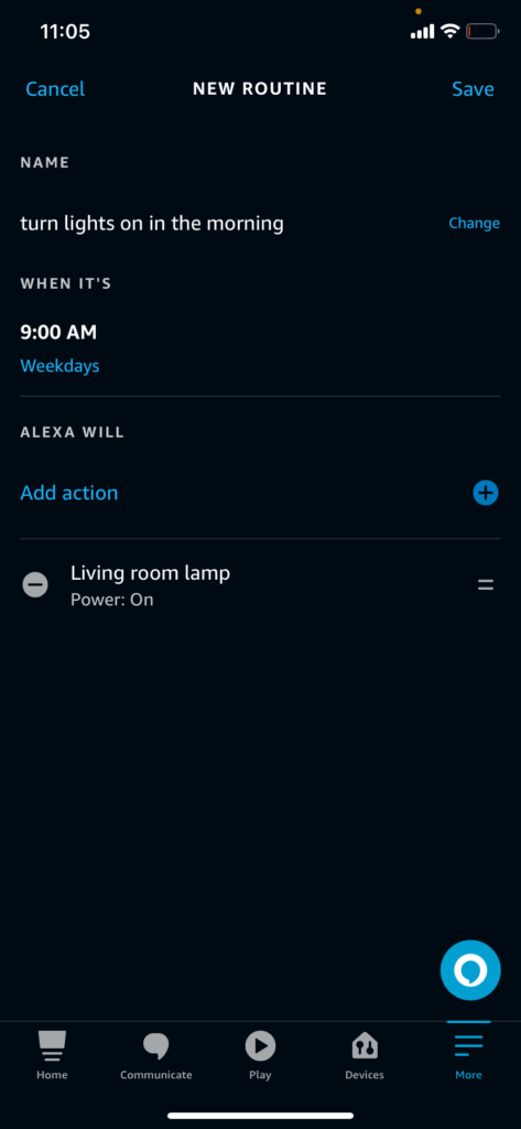 A complete routine for scheduling lights with Alexa