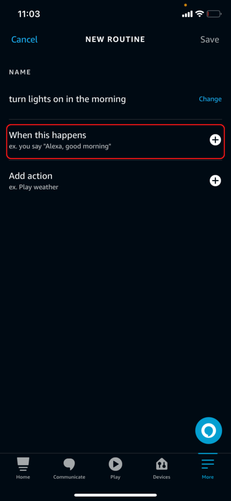 The Alexa New Routines page, showing how to add a trigger to our light schedule routine