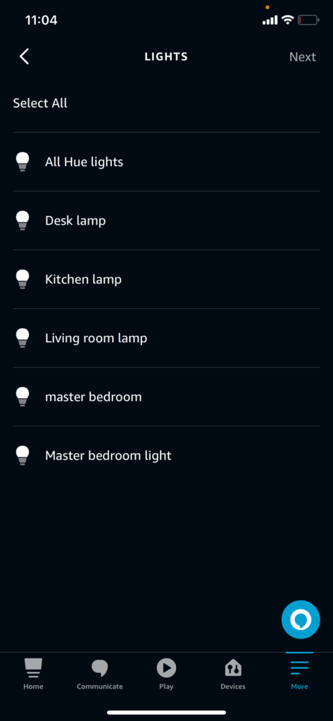 The Alexa menu for adding a smart light action to your Alexa routine