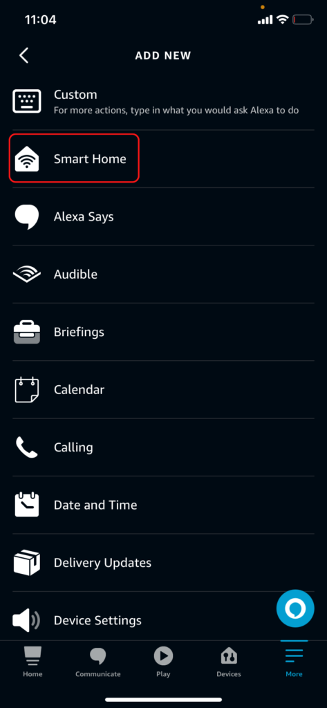 The Alexa routine actions list, showing the Smart Home menu