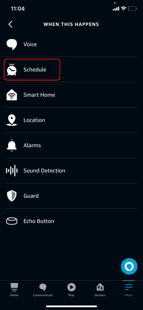 The list of Alexa routine triggers, showing the Schedule option