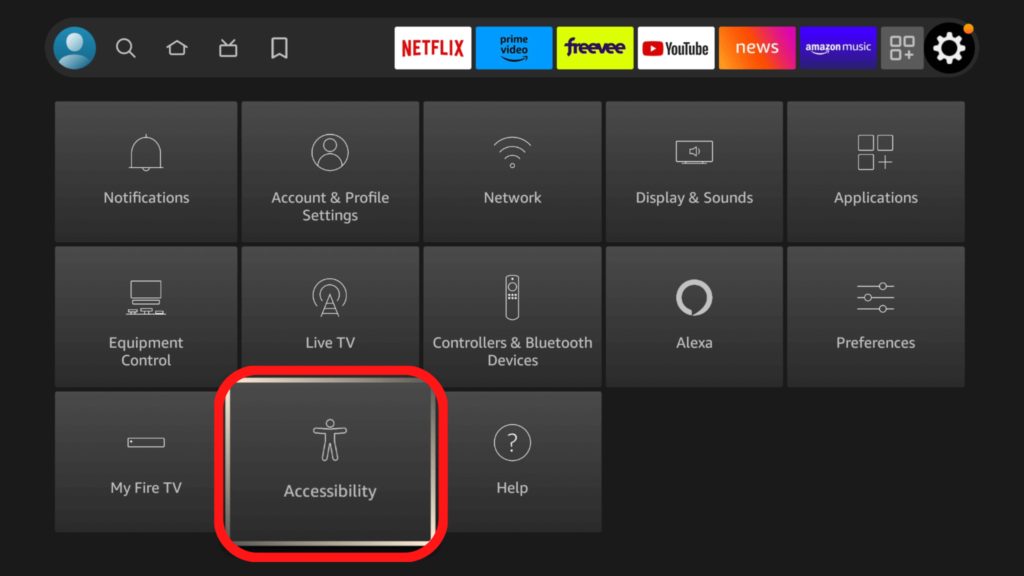 The Fire TV Settings menu, showing the Accessibility menu option.