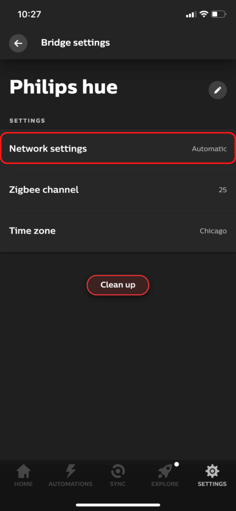 The Bridge Settings page in the Hue app, showing the network settings.