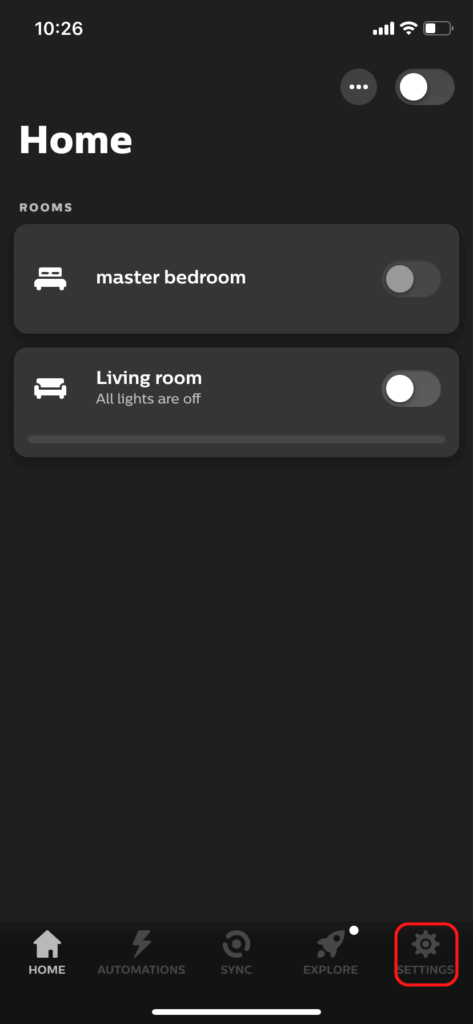 The home screen of the Hue app, showing the settings tab.