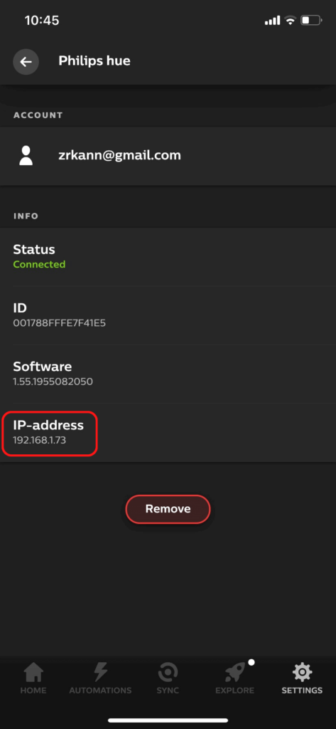The My Hue System page for a single bridge, showing the Hue Bridge IP address.