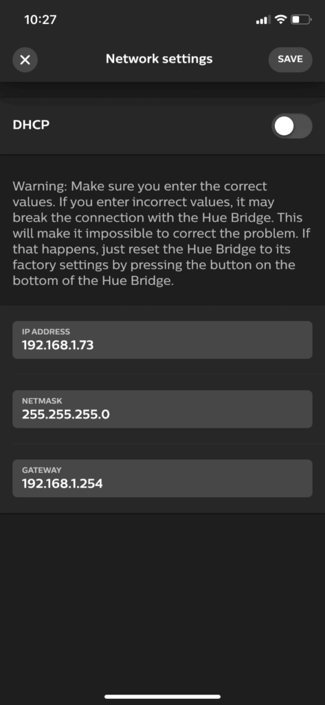 The Network Settings page in the Hue app, where you can see your Hue bridge IP address.