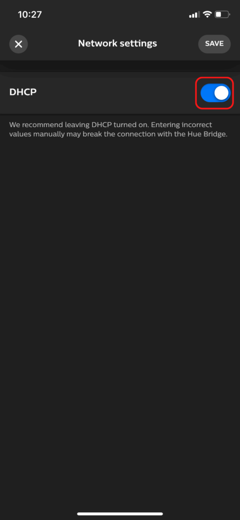 The Network Settings page in the Hue App, showing the DHCP slider.