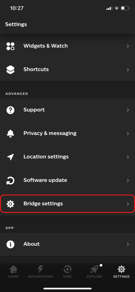 The Hue settings page, showing the Bridge Settings menu item.
