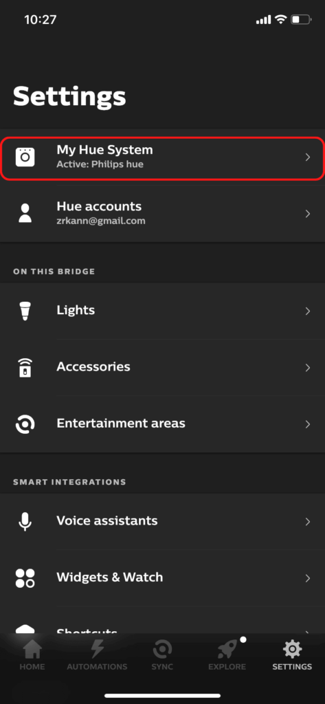 The Philips Hue app settings tab, showing the My Hue System option.