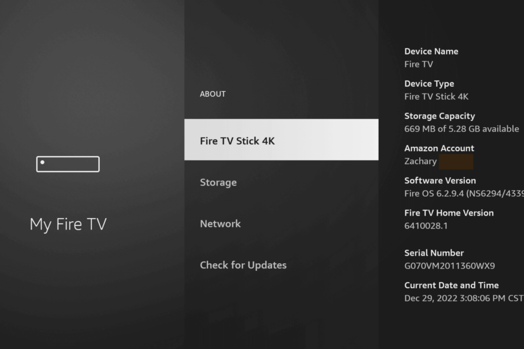 The about My Fire TV screen, where you can find your Firestick model and generation.